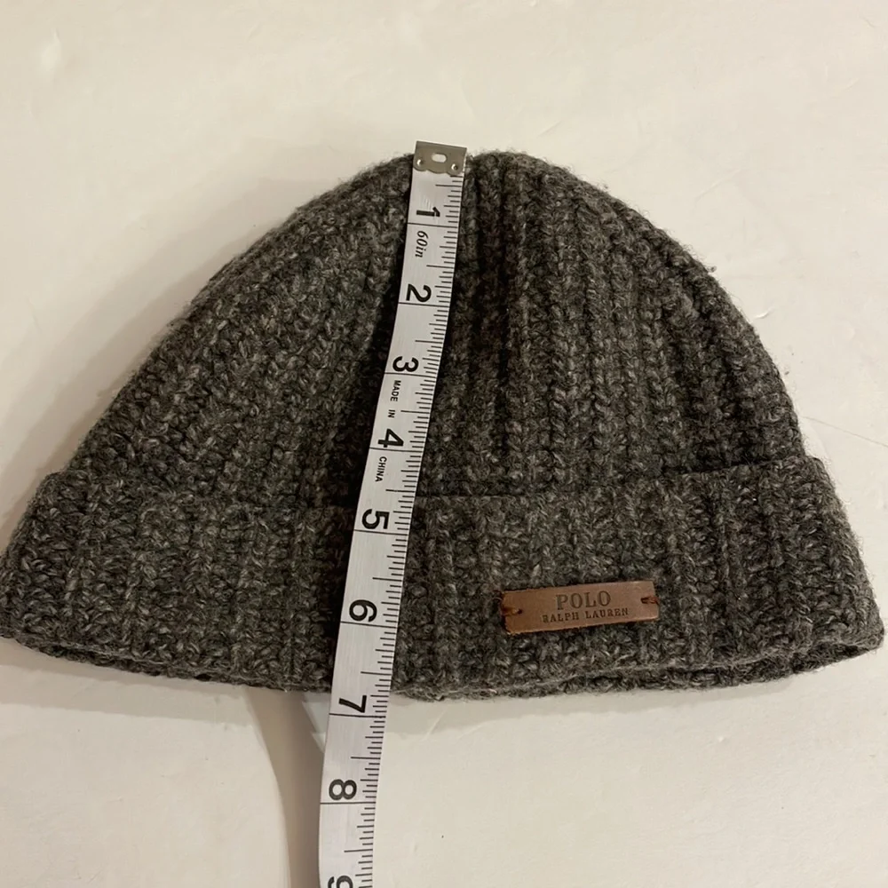 Boys POLO RALPH LAUREN Marino wool beanie hat LOGO leather patch charcoal gray